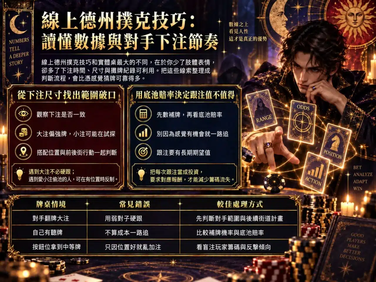 德州撲克線上錦標賽技巧圖解，透過下注尺度、底池賠率與位置判斷對手範圍