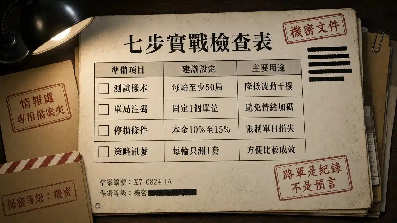 百家樂數據分析7步實戰檢查表，整理測試樣本、單局注碼、停損條件與路單紀錄分析