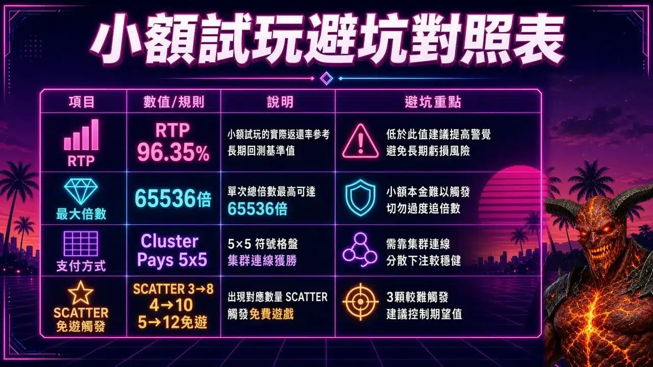 古神巴風特RTP 96.35%小額試玩避坑指南，解析最高65536倍、Cluster Pays 5×5消除玩法與SCATTER免費遊戲規則。
